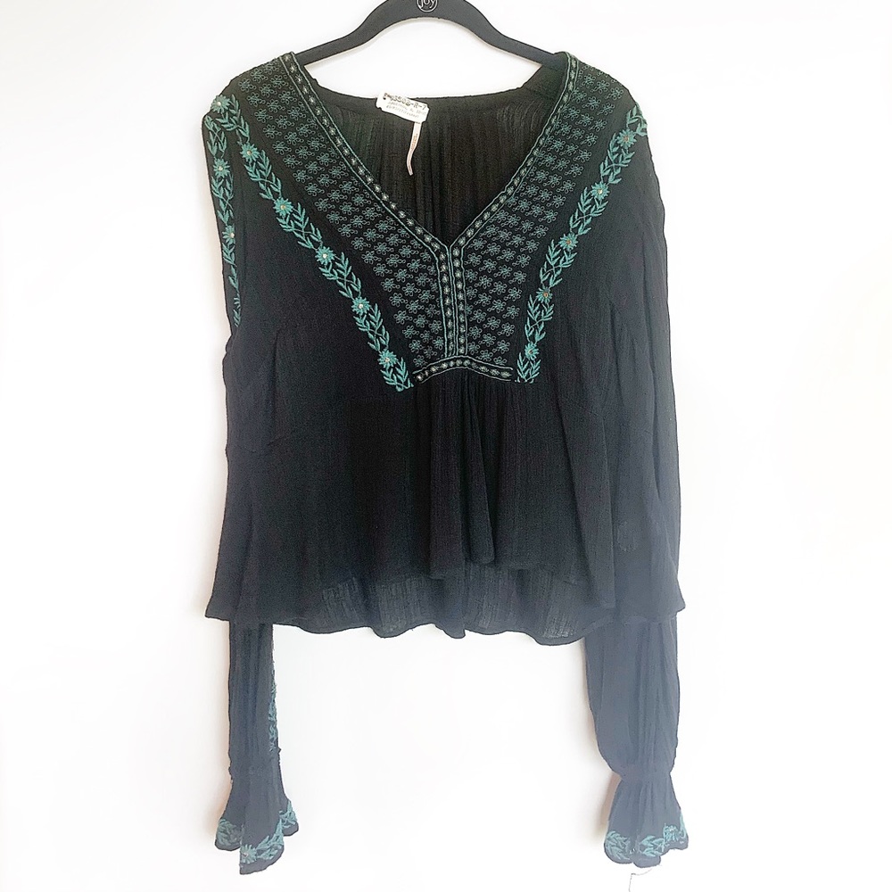 Free People Embroidered Long-Sleeved Top